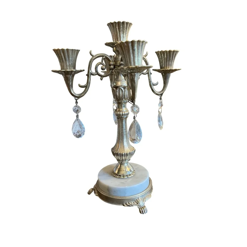 Vintage Ornate 5 Light Candelabra White Marble Base Crystal Prism Champagne Gold